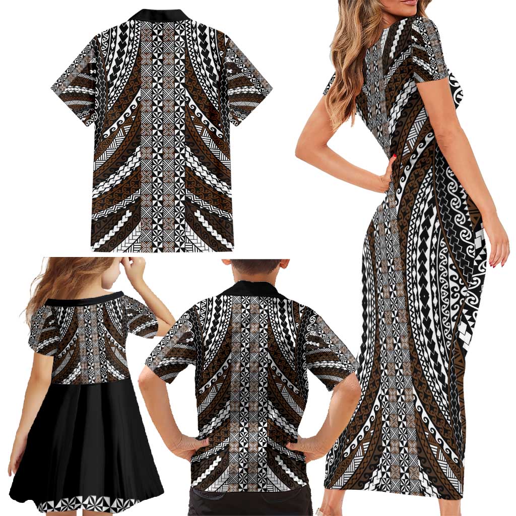 Brown Tongan Polynesian Tribal Family Matching Short Sleeve Bodycon Dress and Hawaiian Shirt LT9 - Polynesian Pride