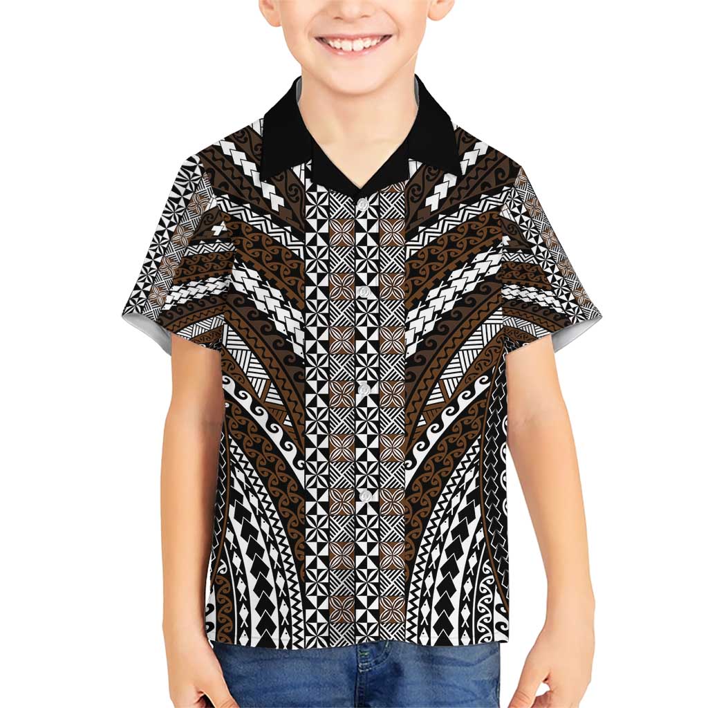 Brown Tongan Polynesian Tribal Family Matching Short Sleeve Bodycon Dress and Hawaiian Shirt LT9 Son's Shirt Brown - Polynesian Pride