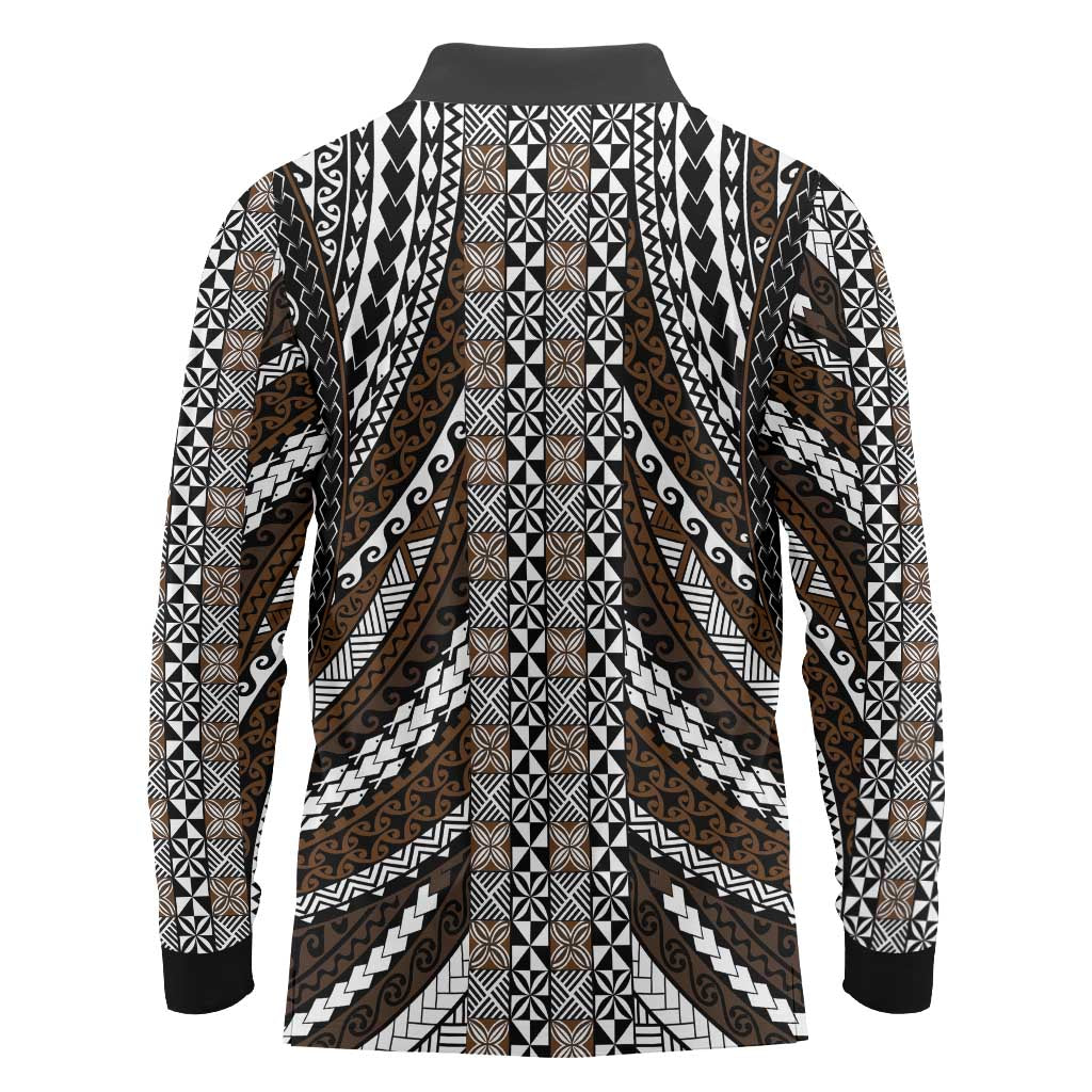 Brown Tongan Polynesian Tribal Long Sleeve Polo Shirt - Polynesian Pride