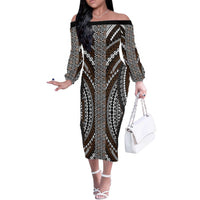 Brown Tongan Polynesian Tribal Off The Shoulder Long Sleeve Dress LT9 Women Brown - Polynesian Pride