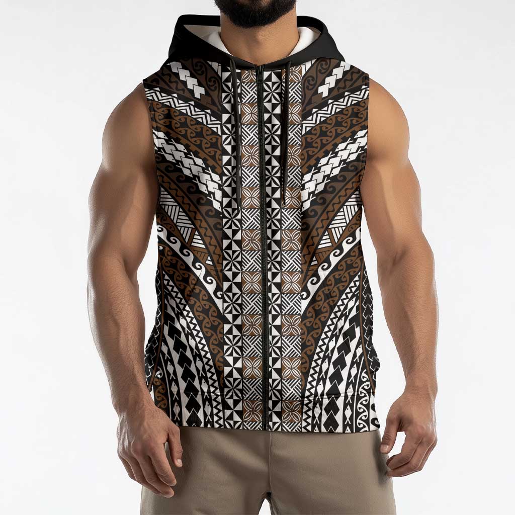 Brown Tongan Polynesian Tribal Sleeveless Zip Hoodie - Polynesian Pride