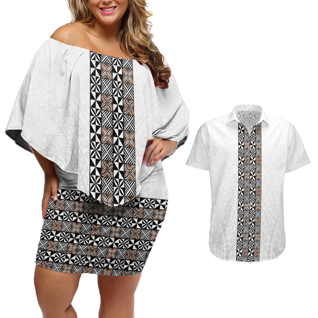 Light Gray Tongan Polynesian Tribal Couples Matching Off Shoulder Short Dress and Hawaiian Shirt - Polynesian Pride