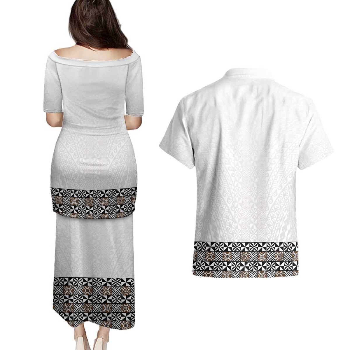 Light Gray Tongan Polynesian Tribal Couples Matching Puletasi and Hawaiian Shirt - Polynesian Pride