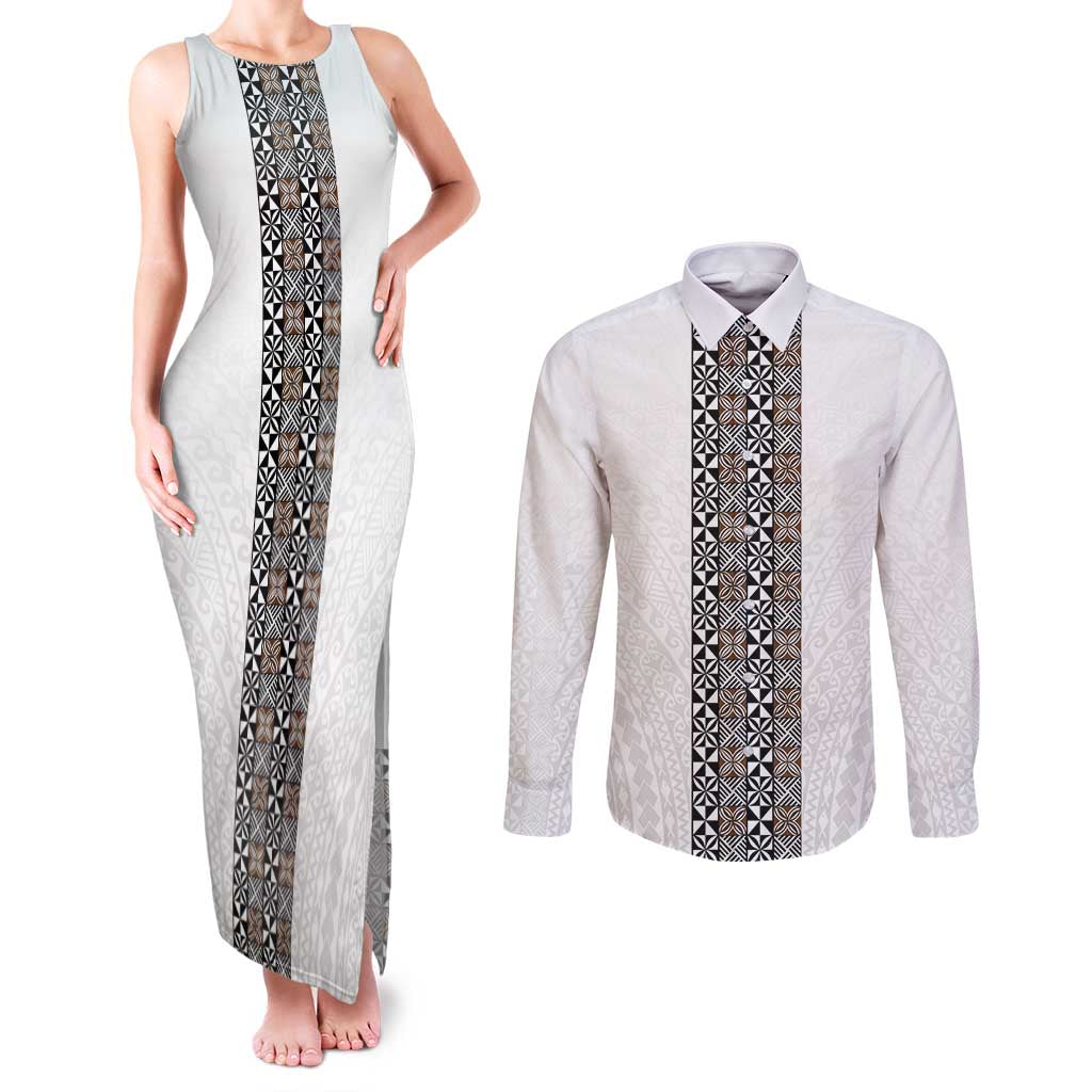 Light Gray Tongan Polynesian Tribal Couples Matching Tank Maxi Dress and Long Sleeve Button Shirt - Polynesian Pride