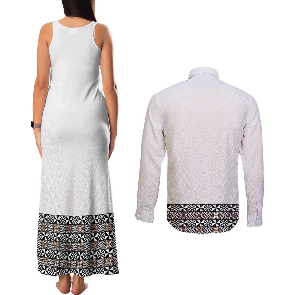 Light Gray Tongan Polynesian Tribal Couples Matching Tank Maxi Dress and Long Sleeve Button Shirt - Polynesian Pride