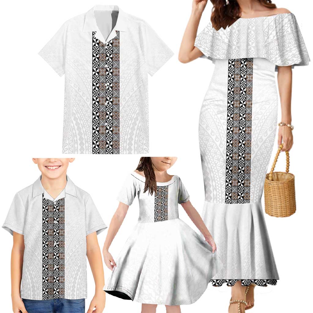 Light Gray Tongan Polynesian Tribal Family Matching Mermaid Dress and Hawaiian Shirt - Polynesian Pride