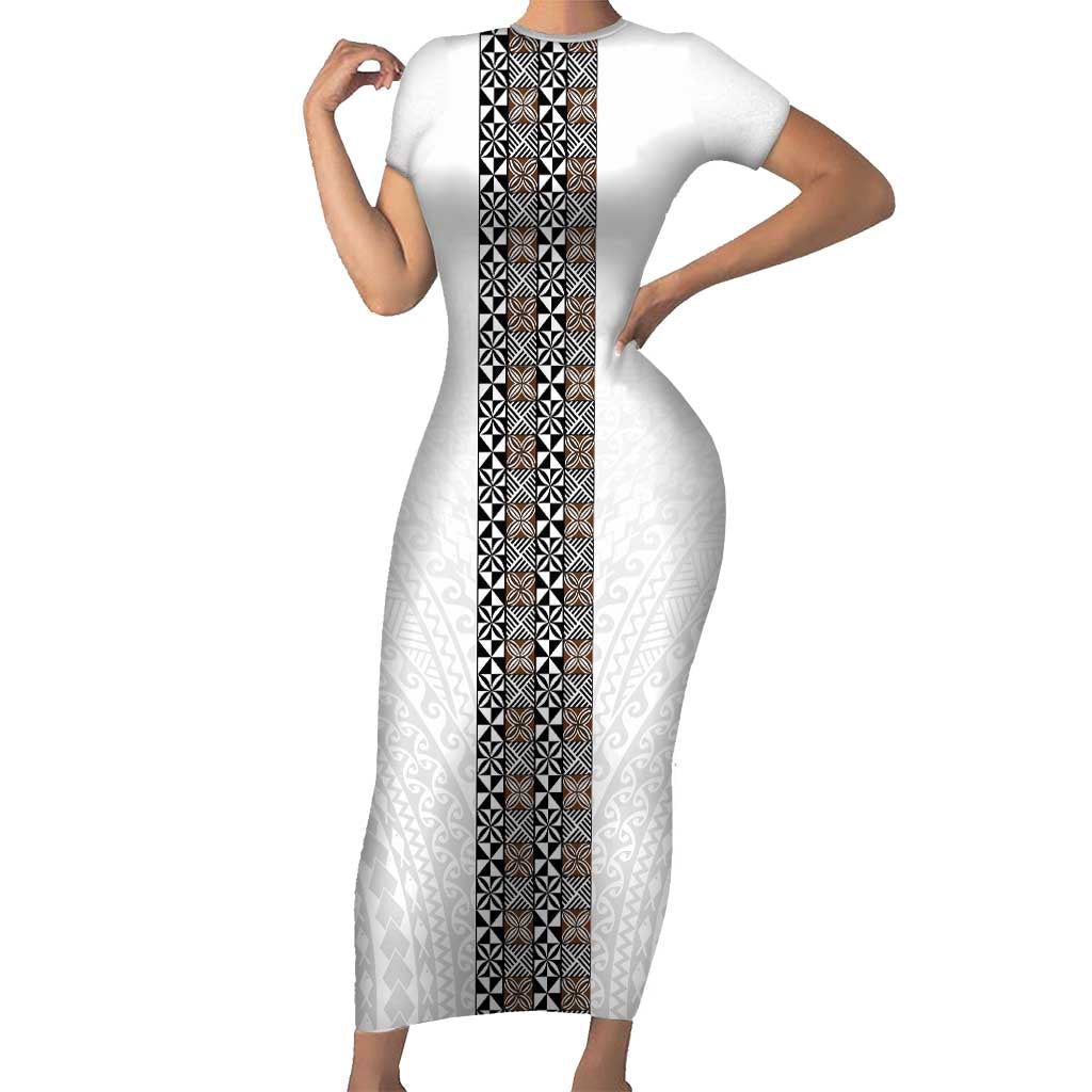 Light Gray Tongan Polynesian Tribal Family Matching Short Sleeve Bodycon Dress and Hawaiian Shirt LT9 Mom's Dress White - Polynesian Pride