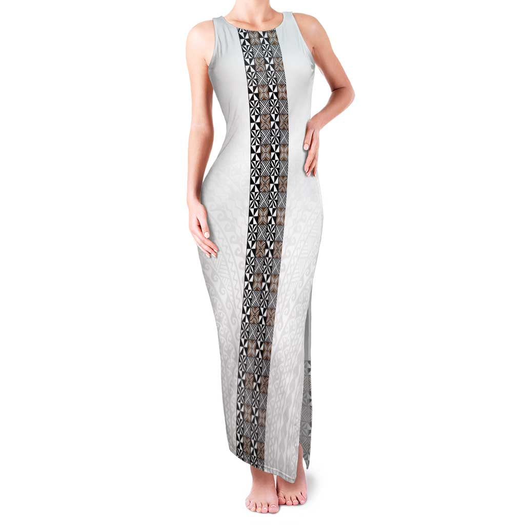 Light Gray Tongan Polynesian Tribal Family Matching Tank Maxi Dress and Hawaiian Shirt LT9 Mom's Dress White - Polynesian Pride