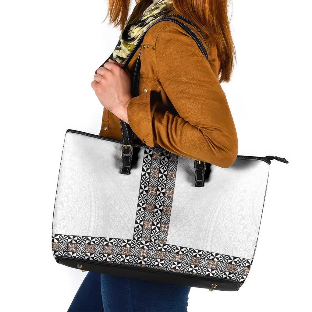 Light Gray Tongan Polynesian Tribal Leather Tote Bag - Polynesian Pride