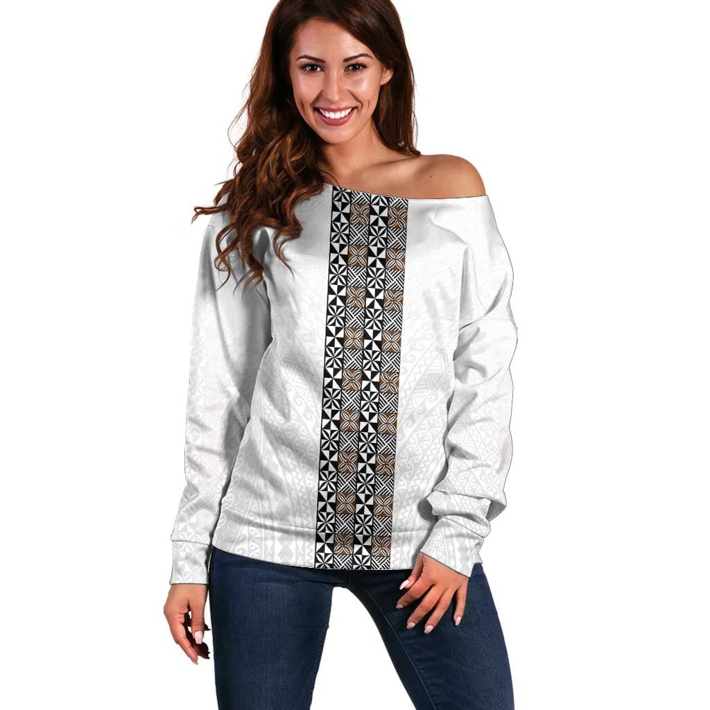 Light Gray Tongan Polynesian Tribal Off Shoulder Sweater - Polynesian Pride