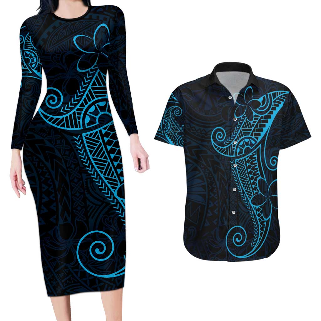 Black Blue Polynesian Tribal Couples Matching Long Sleeve Bodycon Dress and Hawaiian Shirt LT9 Blue - Polynesian Pride