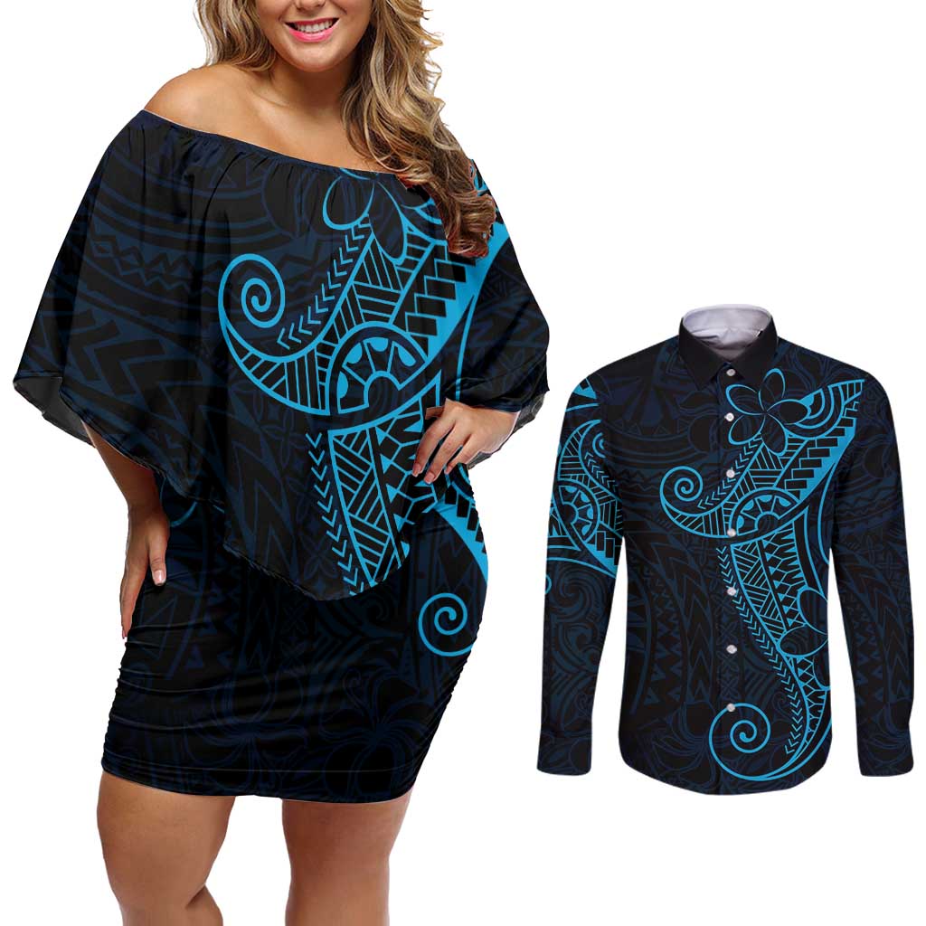 Black Blue Polynesian Tribal Couples Matching Off Shoulder Short Dress and Long Sleeve Button Shirt LT9 Blue - Polynesian Pride