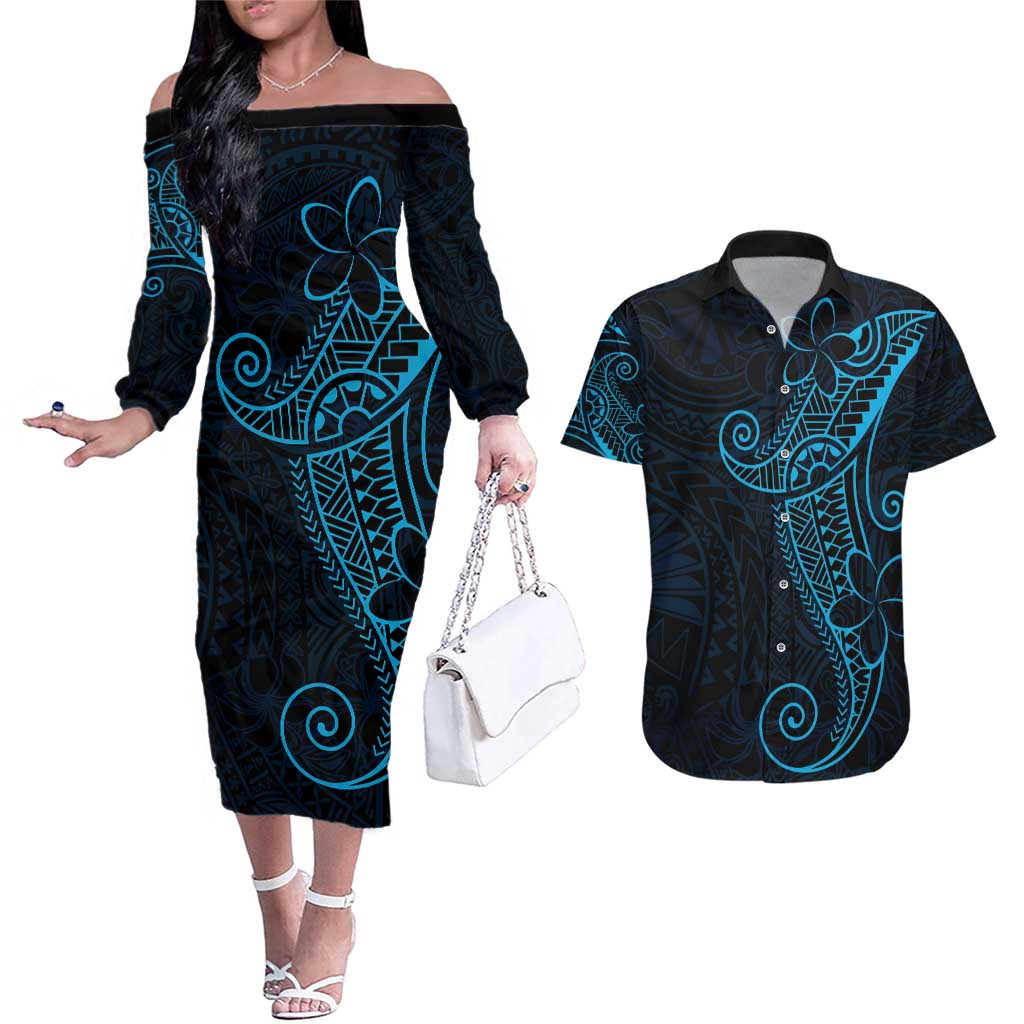 Black Blue Polynesian Tribal Couples Matching Off The Shoulder Long Sleeve Dress and Hawaiian Shirt LT9 Blue - Polynesian Pride