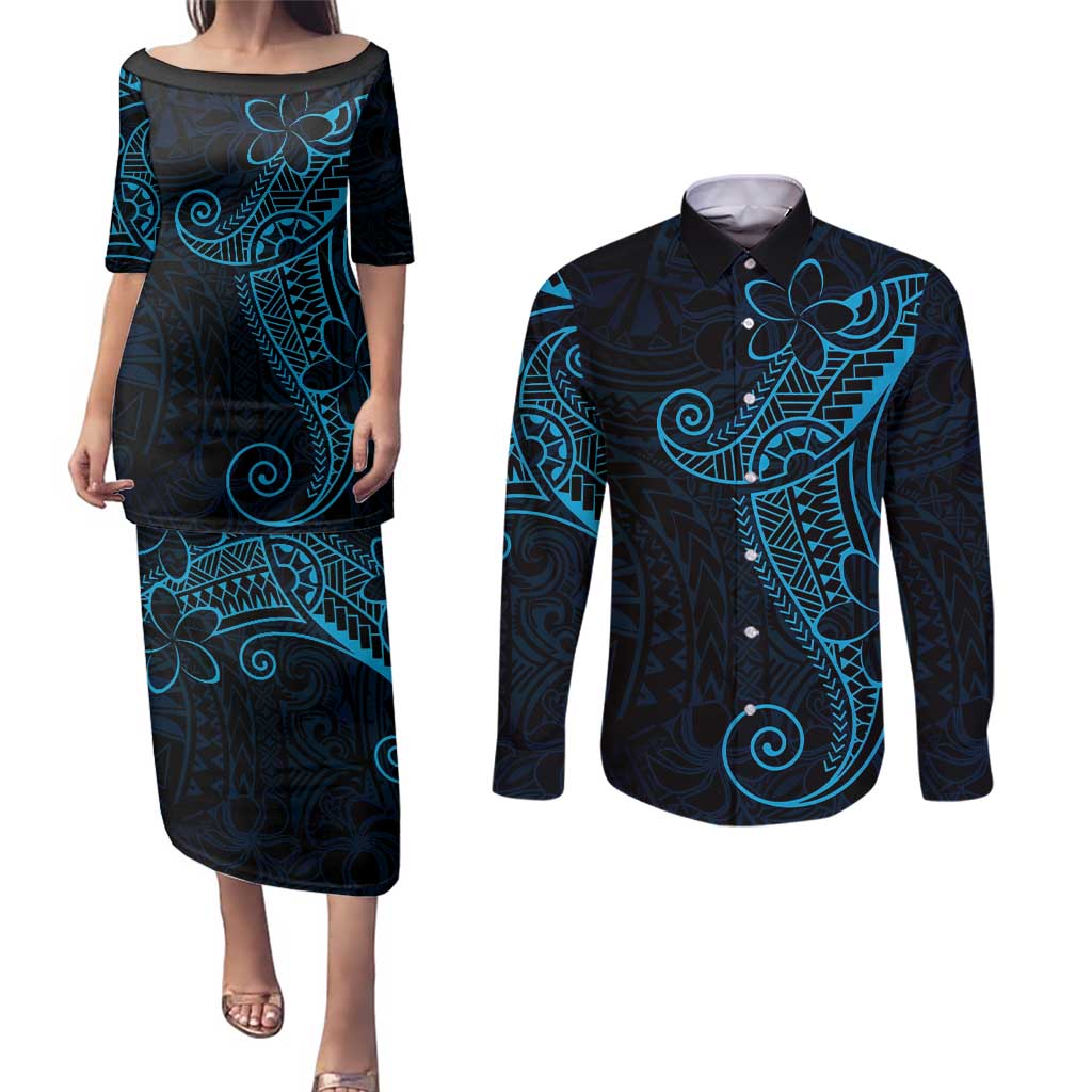 Black Blue Polynesian Tribal Couples Matching Puletasi and Long Sleeve Button Shirt - Polynesian Pride