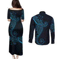 Black Blue Polynesian Tribal Couples Matching Puletasi and Long Sleeve Button Shirt - Polynesian Pride