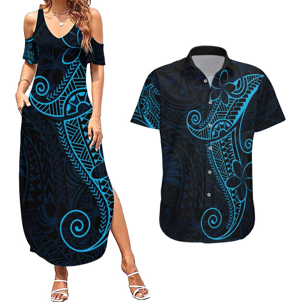Black Blue Polynesian Tribal Couples Matching Summer Maxi Dress and Hawaiian Shirt LT9 Blue - Polynesian Pride