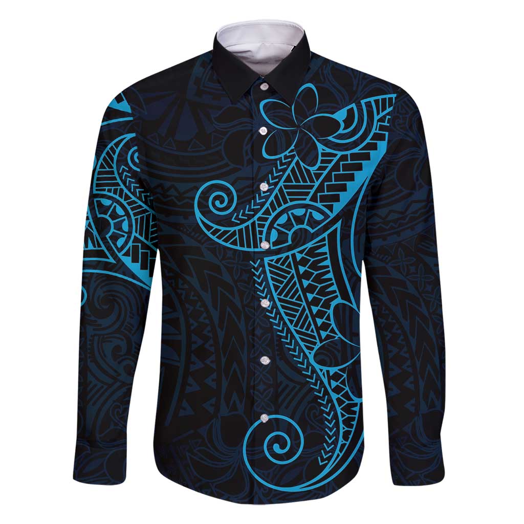 Black Blue Polynesian Tribal Family Matching Long Sleeve Bodycon Dress and Hawaiian Shirt - Polynesian Pride