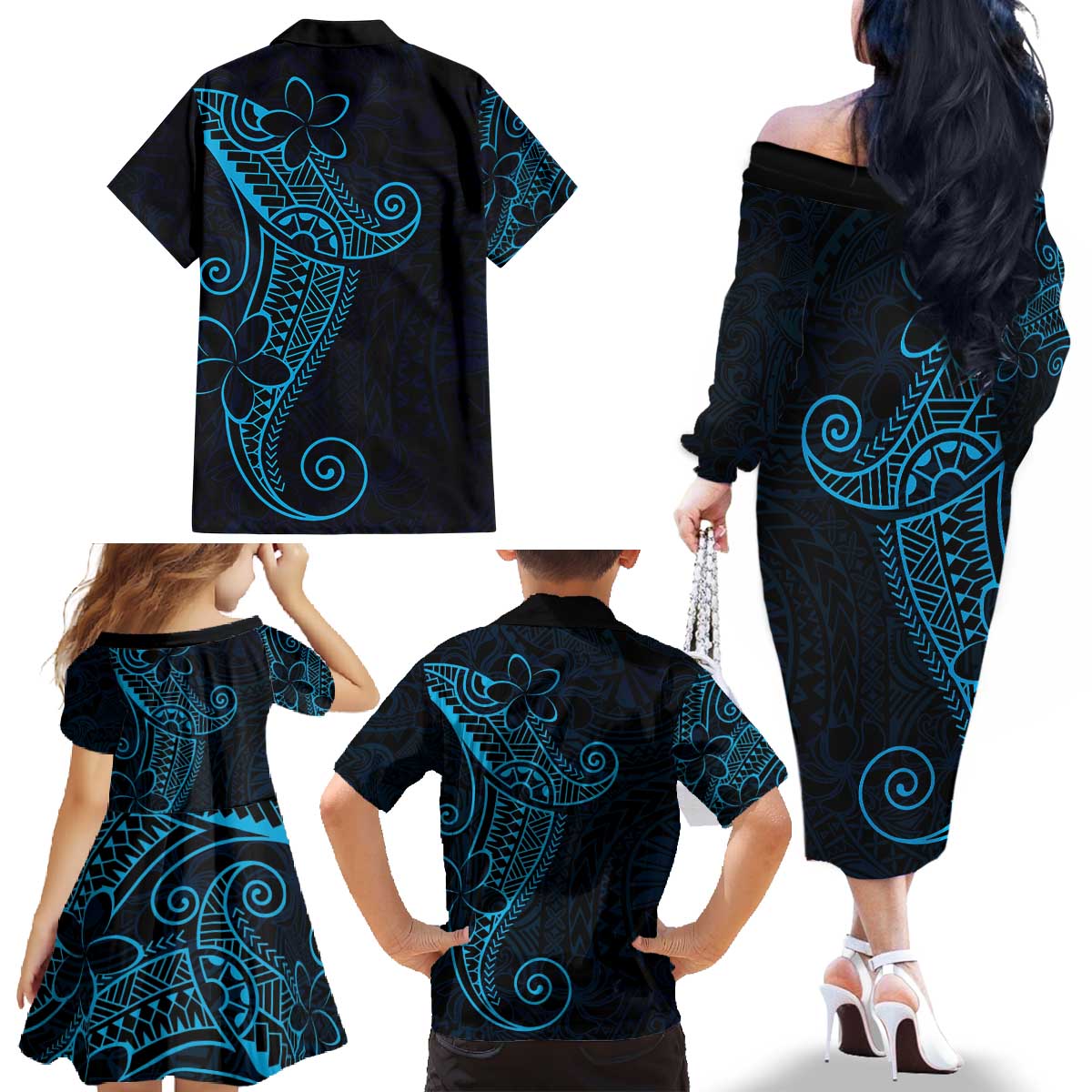 Black Blue Polynesian Tribal Family Matching Off The Shoulder Long Sleeve Dress and Hawaiian Shirt LT9 - Polynesian Pride