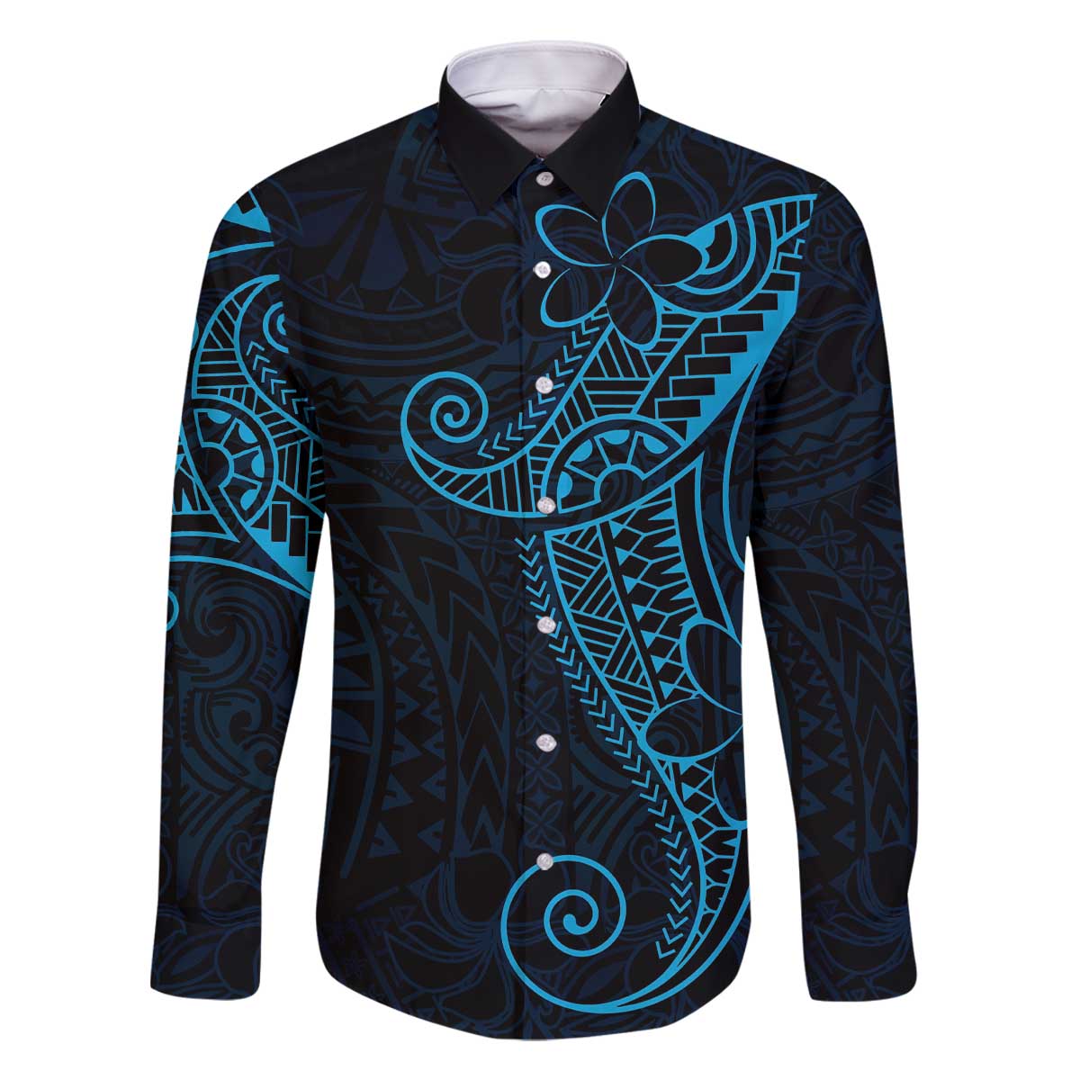 Black Blue Polynesian Tribal Family Matching Off The Shoulder Long Sleeve Dress and Hawaiian Shirt LT9 Dad's Shirt - Long Sleeve Blue - Polynesian Pride