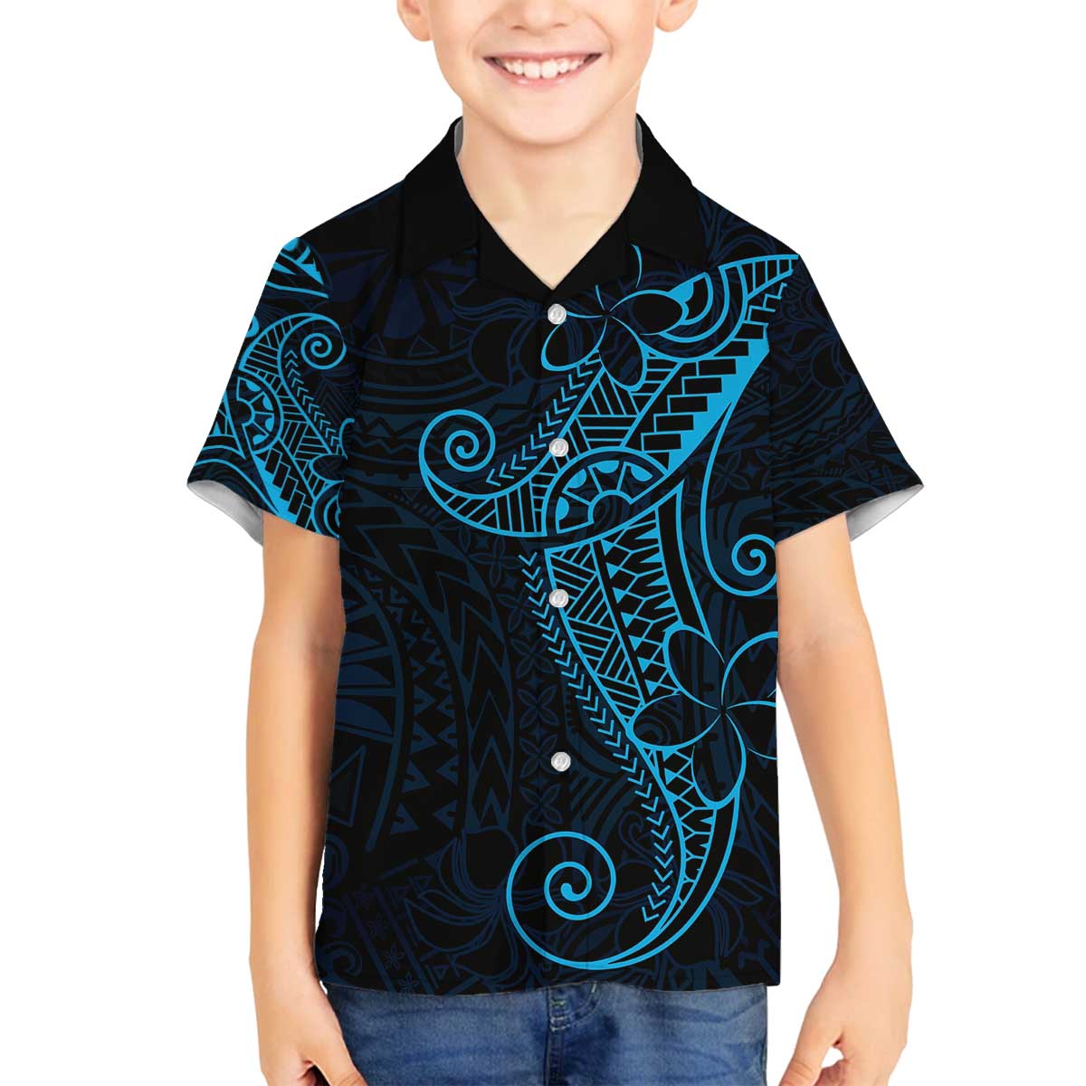 Black Blue Polynesian Tribal Family Matching Off The Shoulder Long Sleeve Dress and Hawaiian Shirt LT9 Son's Shirt Blue - Polynesian Pride