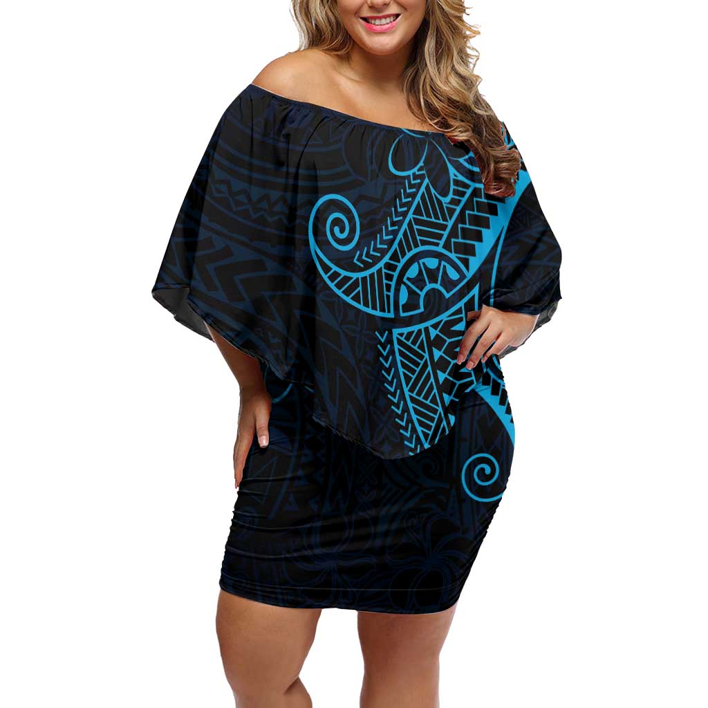 Black Blue Polynesian Tribal Off Shoulder Short Dress - Polynesian Pride