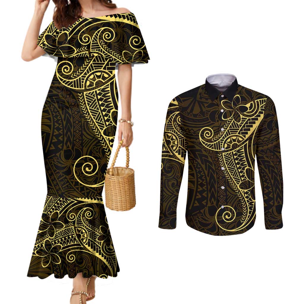 Black Gold Polynesian Tribal Couples Matching Mermaid Dress and Long Sleeve Button Shirt LT9 Gold - Polynesian Pride