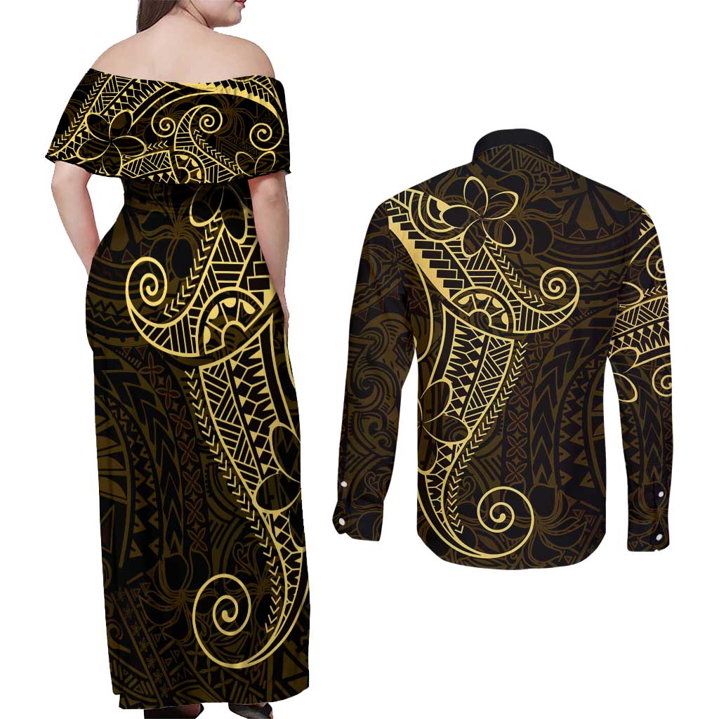 Black Gold Polynesian Tribal Couples Matching Off Shoulder Maxi Dress and Long Sleeve Button Shirt - Polynesian Pride