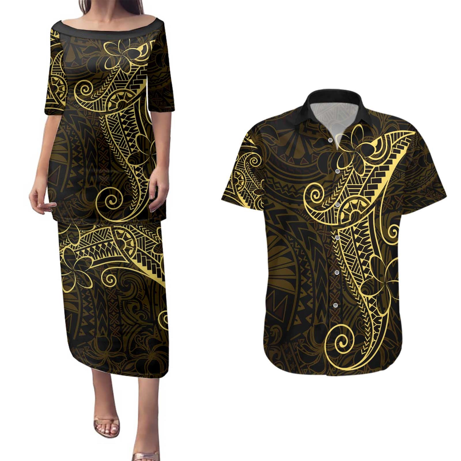 Black Gold Polynesian Tribal Couples Matching Puletasi and Hawaiian Shirt - Polynesian Pride