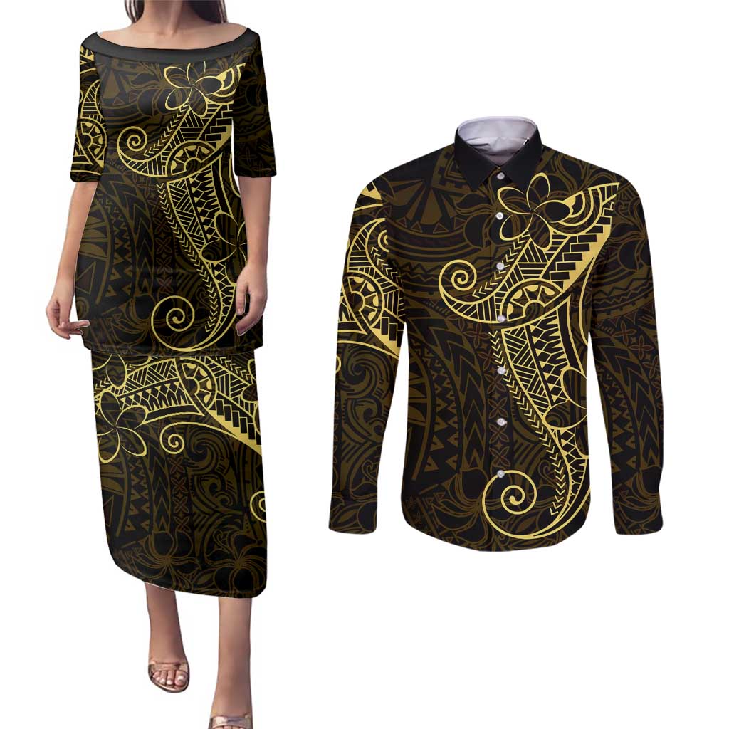 Black Gold Polynesian Tribal Couples Matching Puletasi and Long Sleeve Button Shirt - Polynesian Pride