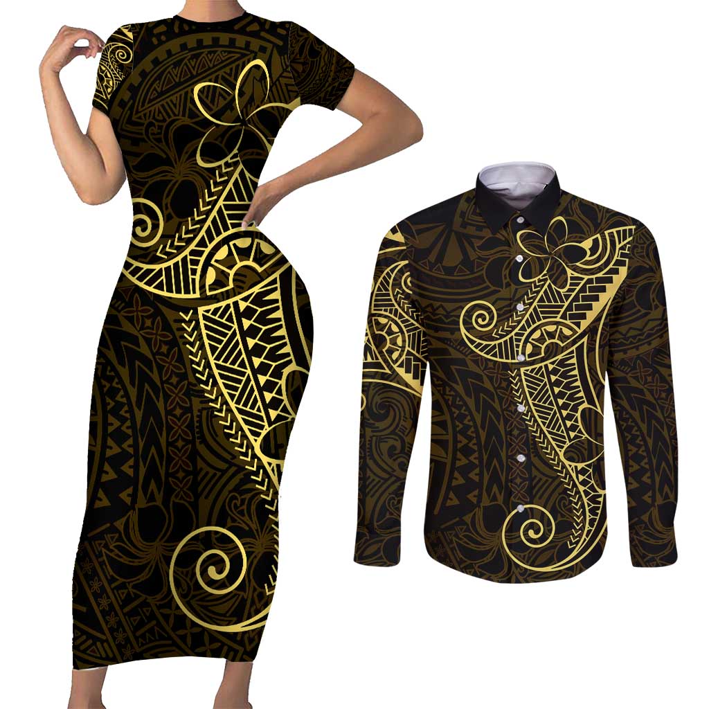 Black Gold Polynesian Tribal Couples Matching Short Sleeve Bodycon Dress and Long Sleeve Button Shirt - Polynesian Pride