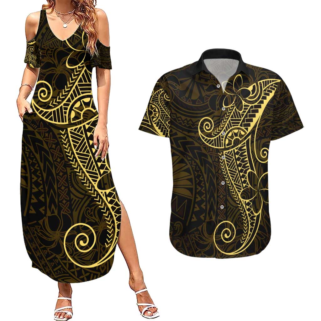 Black Gold Polynesian Tribal Couples Matching Summer Maxi Dress and Hawaiian Shirt LT9 Gold - Polynesian Pride