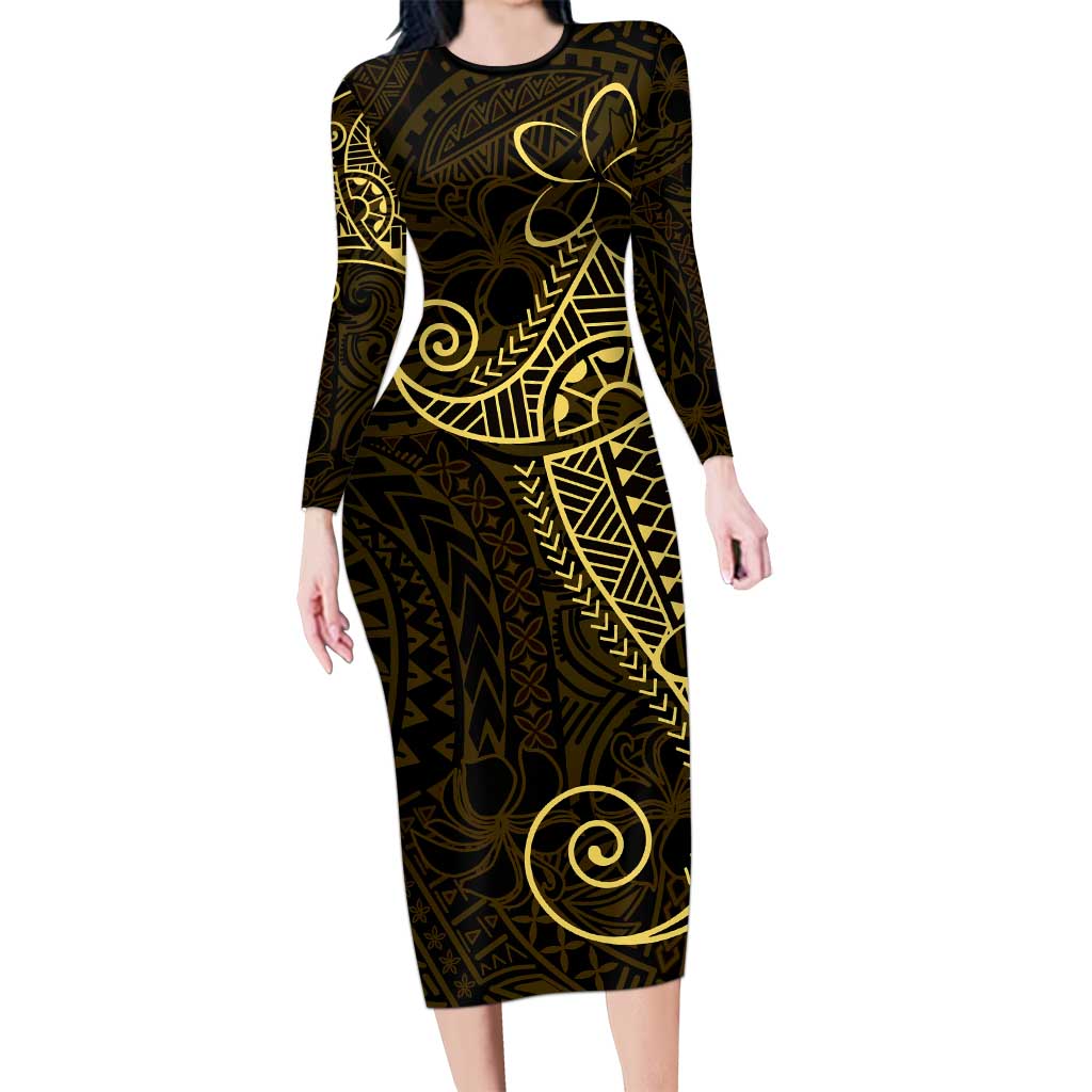 Black Gold Polynesian Tribal Family Matching Long Sleeve Bodycon Dress and Hawaiian Shirt LT9 Mom's Dress Gold - Polynesian Pride