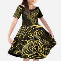 Black Gold Polynesian Tribal Family Matching Off The Shoulder Long Sleeve Dress and Hawaiian Shirt LT9 Daughter's Dress Gold - Polynesian Pride