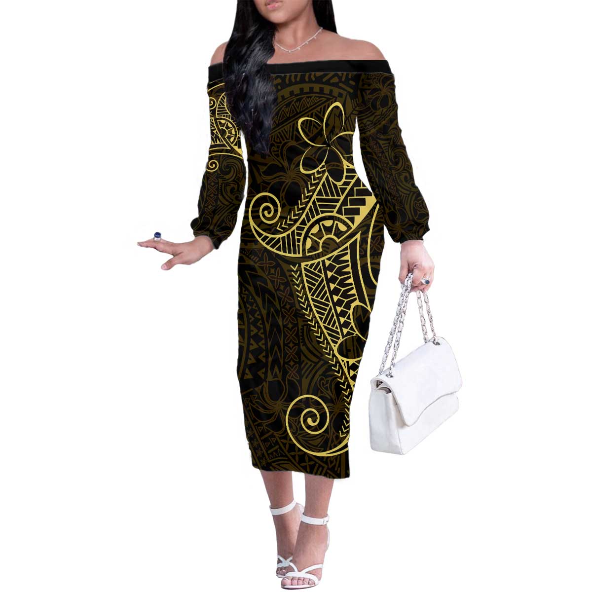 Black Gold Polynesian Tribal Family Matching Off The Shoulder Long Sleeve Dress and Hawaiian Shirt LT9 Mom's Dress Gold - Polynesian Pride