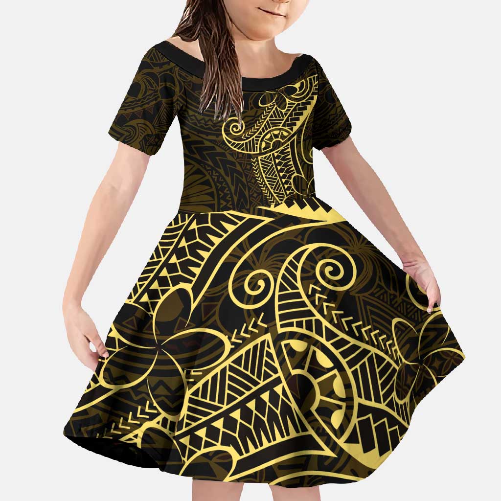 Black Gold Polynesian Tribal Family Matching Off Shoulder Maxi Dress and Hawaiian Shirt - Polynesian Pride