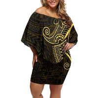 Black Gold Polynesian Tribal Family Matching Off Shoulder Short Dress and Hawaiian Shirt - Polynesian Pride
