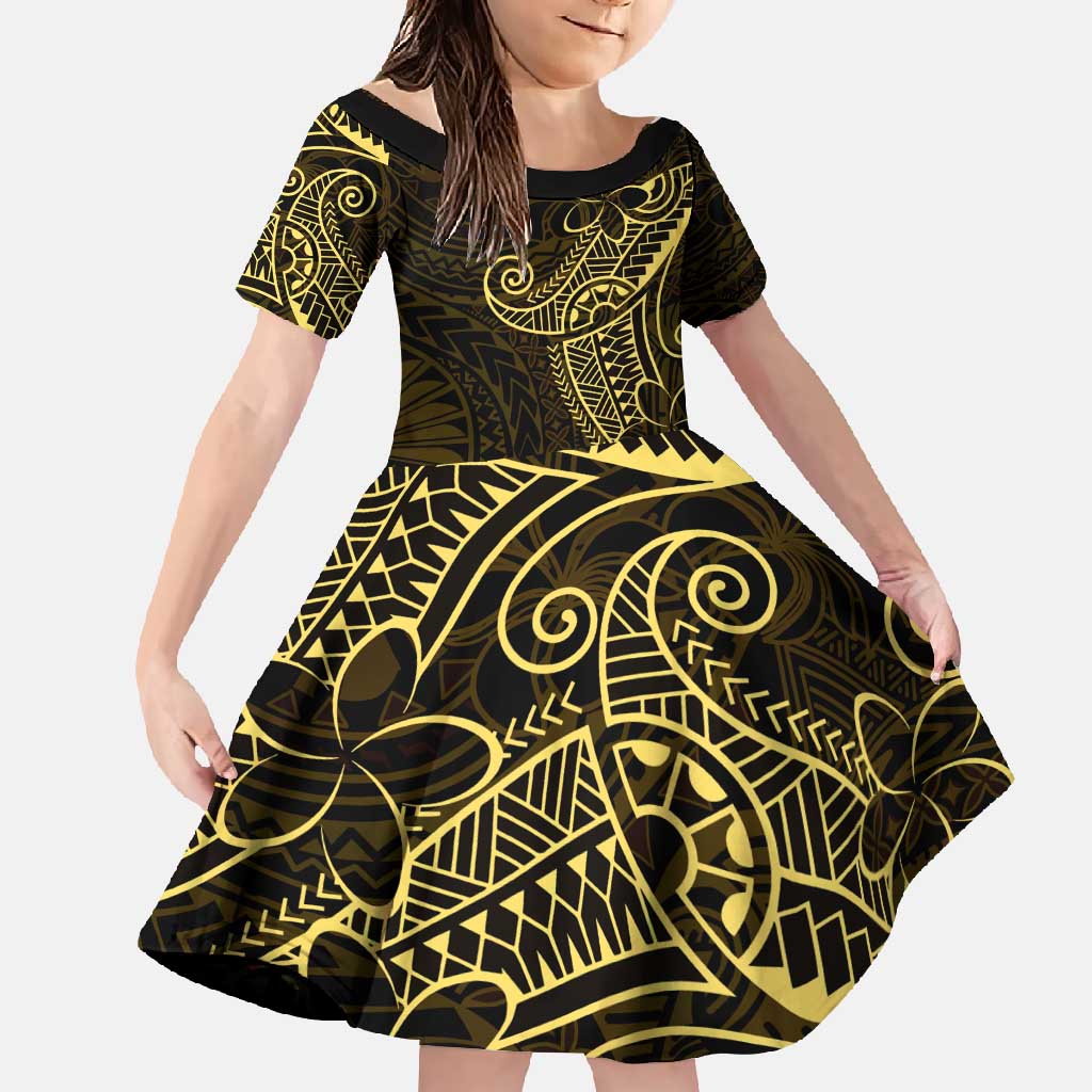 Black Gold Polynesian Tribal Family Matching Short Sleeve Bodycon Dress and Hawaiian Shirt LT9 Daughter's Dress Gold - Polynesian Pride