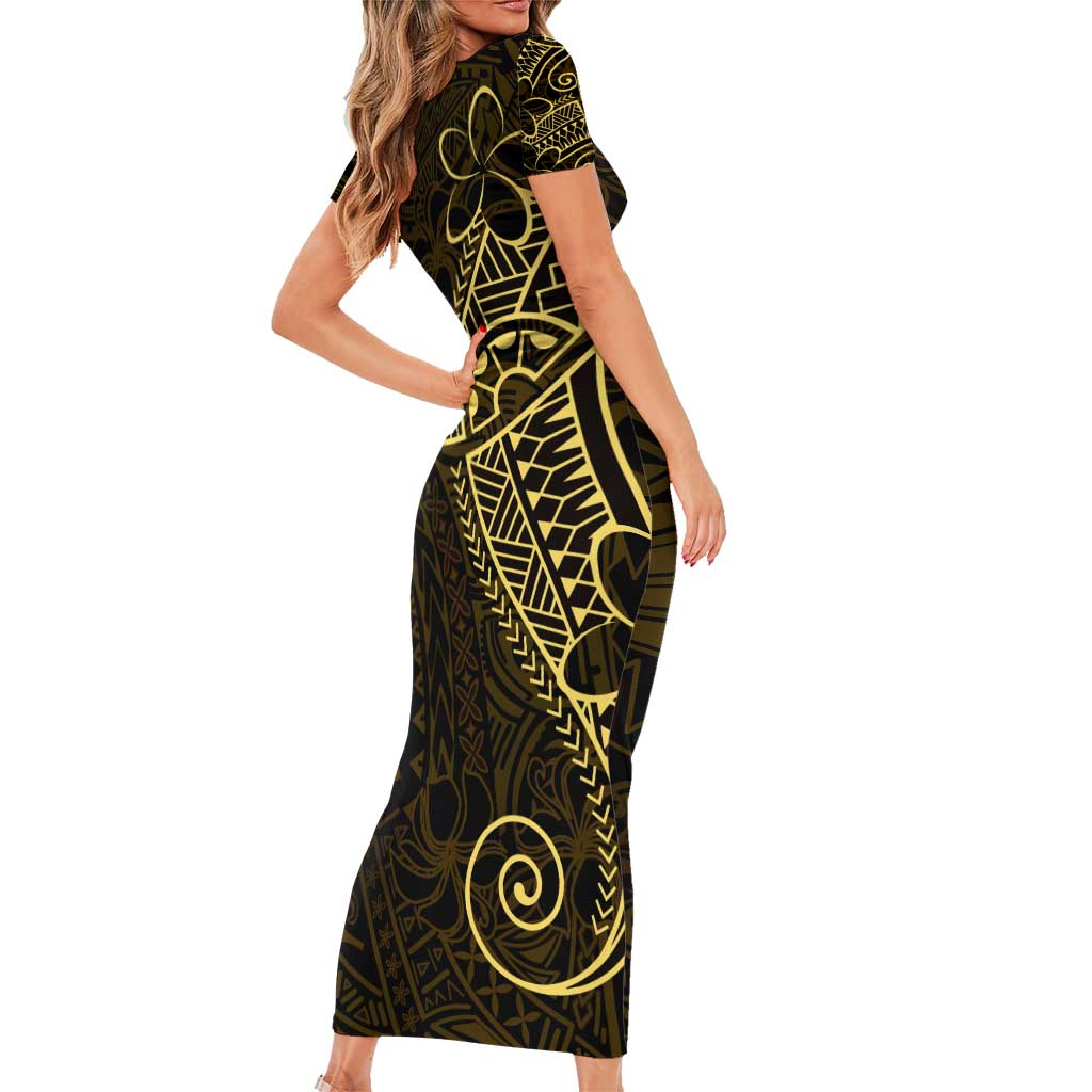Black Gold Polynesian Tribal Family Matching Short Sleeve Bodycon Dress and Hawaiian Shirt LT9 - Polynesian Pride