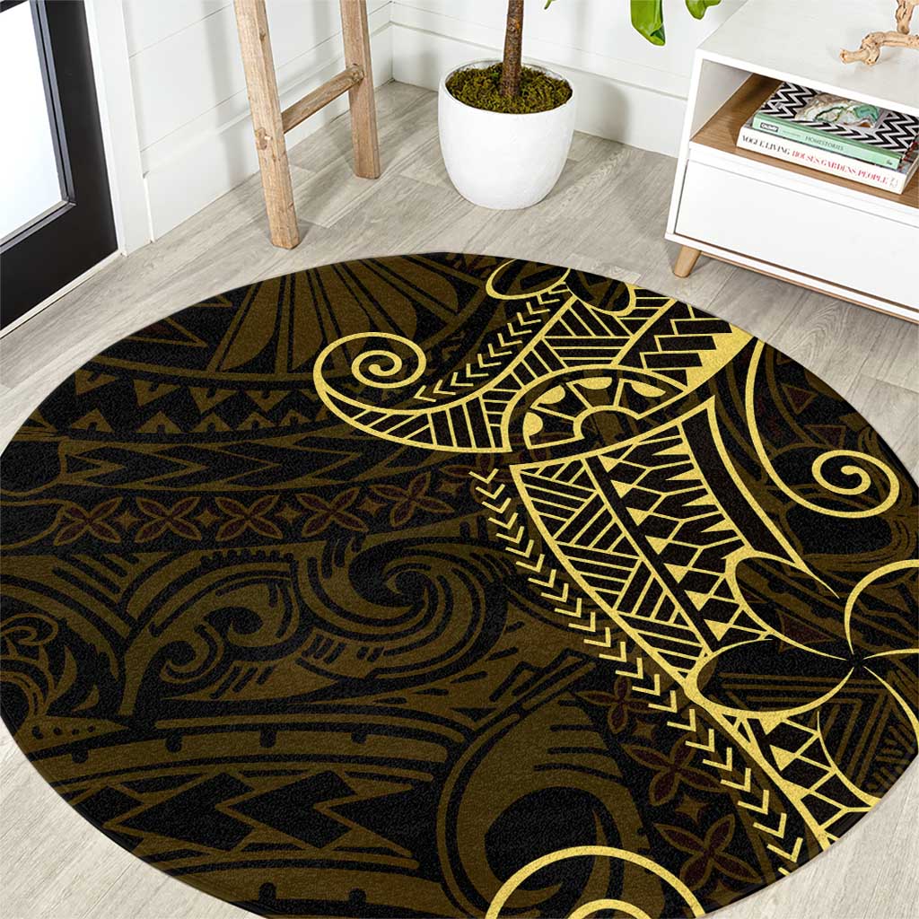 Black Gold Polynesian Tribal Round Carpet LT9 Gold - Polynesian Pride