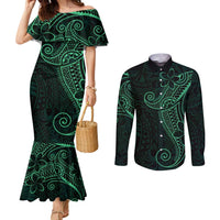 Black Green Polynesian Tribal Couples Matching Mermaid Dress and Long Sleeve Button Shirt - Polynesian Pride