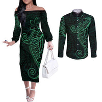 Black Green Polynesian Tribal Couples Matching Off The Shoulder Long Sleeve Dress and Long Sleeve Button Shirt - Polynesian Pride