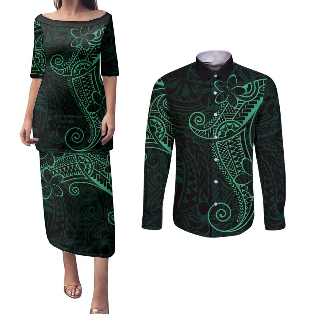 Black Green Polynesian Tribal Couples Matching Puletasi and Long Sleeve Button Shirt - Polynesian Pride