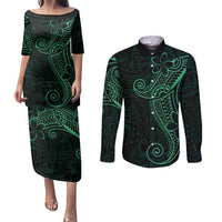 Black Green Polynesian Tribal Couples Matching Puletasi and Long Sleeve Button Shirt - Polynesian Pride
