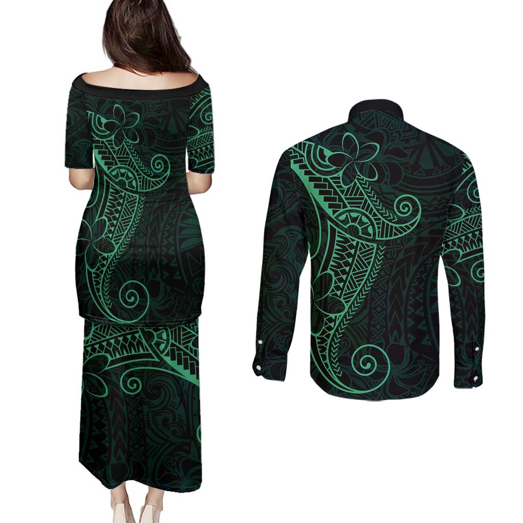 Black Green Polynesian Tribal Couples Matching Puletasi and Long Sleeve Button Shirt - Polynesian Pride