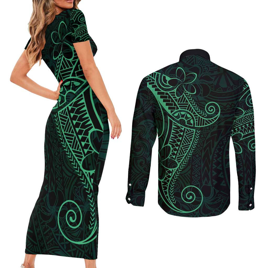 Black Green Polynesian Tribal Couples Matching Short Sleeve Bodycon Dress and Long Sleeve Button Shirt - Polynesian Pride