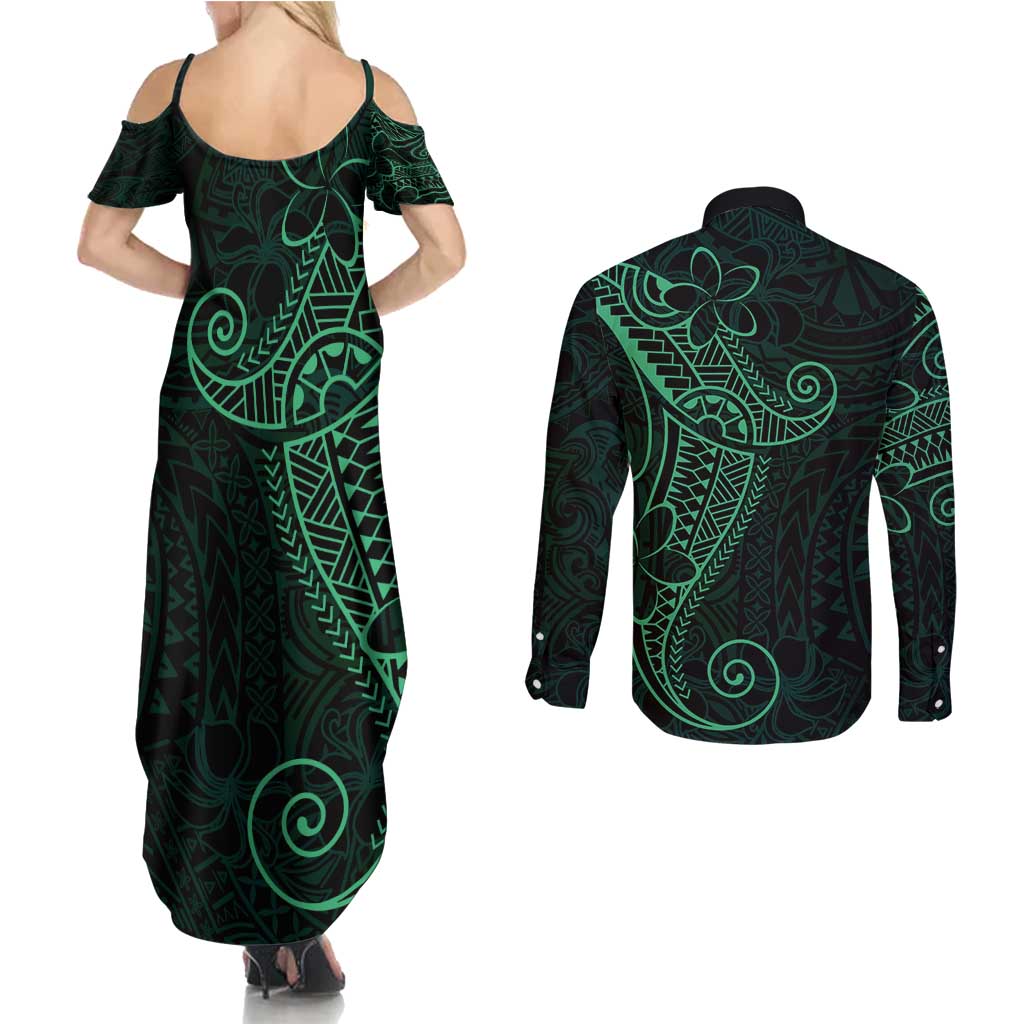 Black Green Polynesian Tribal Couples Matching Summer Maxi Dress and Long Sleeve Button Shirt - Polynesian Pride