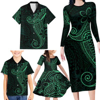Black Green Polynesian Tribal Family Matching Long Sleeve Bodycon Dress and Hawaiian Shirt LT9 - Polynesian Pride