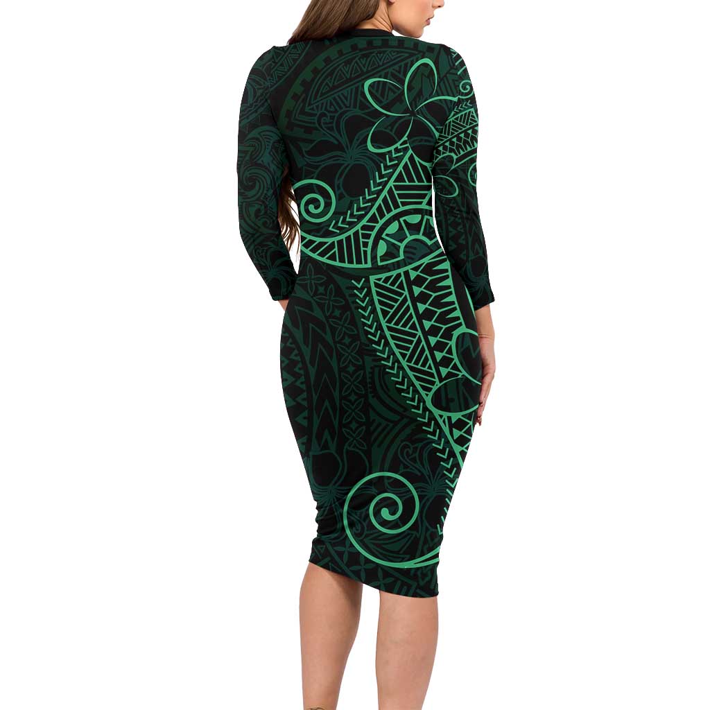 Black Green Polynesian Tribal Family Matching Long Sleeve Bodycon Dress and Hawaiian Shirt LT9 - Polynesian Pride