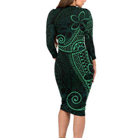 Black Green Polynesian Tribal Family Matching Long Sleeve Bodycon Dress and Hawaiian Shirt LT9 - Polynesian Pride