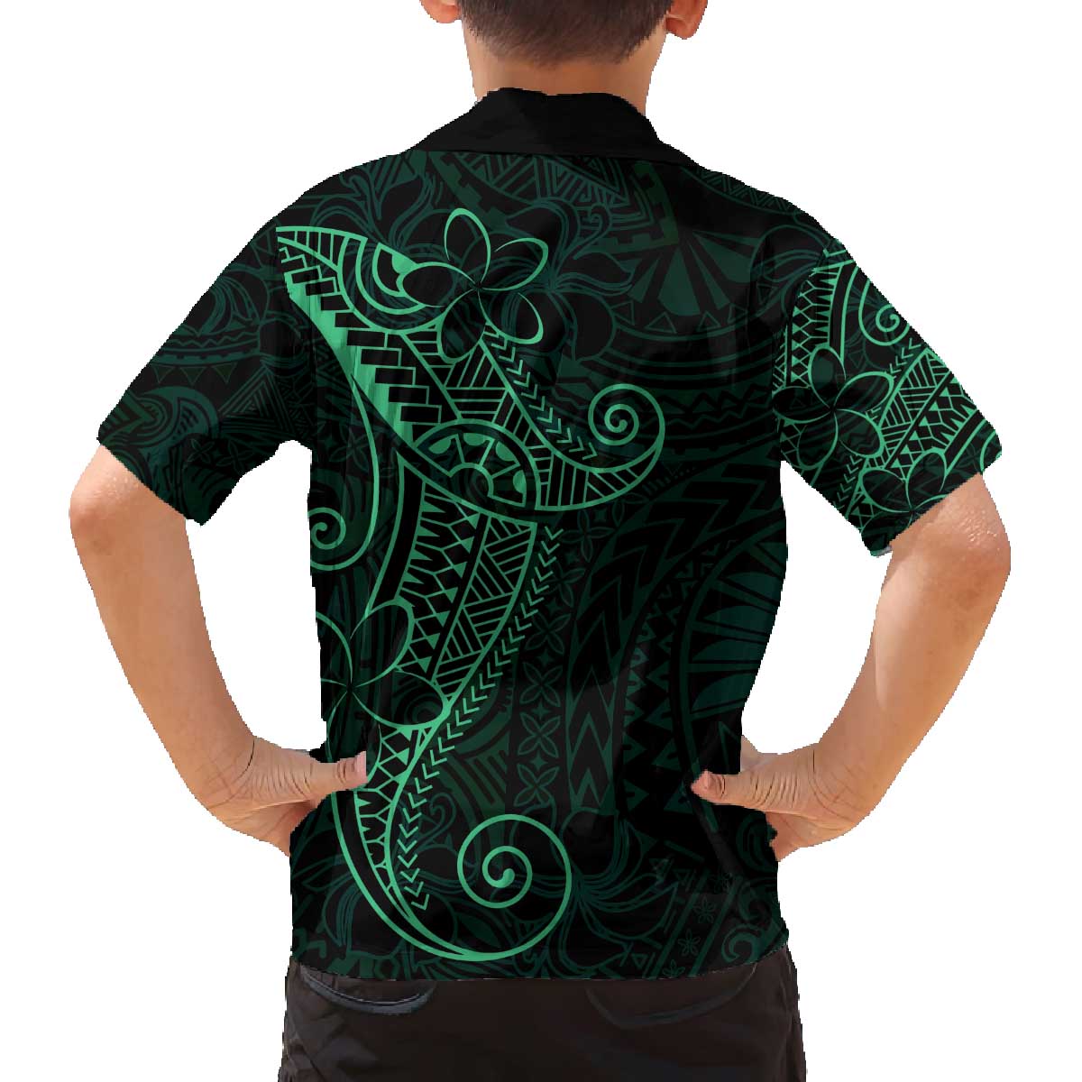 Black Green Polynesian Tribal Family Matching Off The Shoulder Long Sleeve Dress and Hawaiian Shirt LT9 - Polynesian Pride